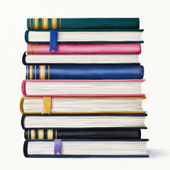 Fototapeta premium Stack of colorful books with bookmarks and pencils