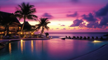 Obraz premium Tropical resort pool sunset, ocean view, island vacation