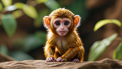 Fototapeta premium Adorable baby monkey sitting on rock, looking at camera. (1)