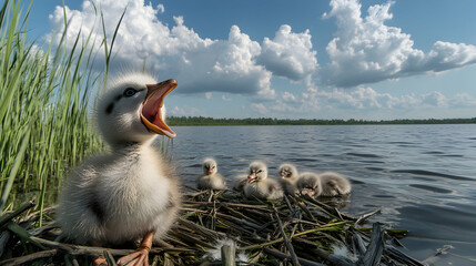 Adorable fluffy swan cygnets by the lake, one with mouth open, others resting on nest. Peaceful nature scene.
