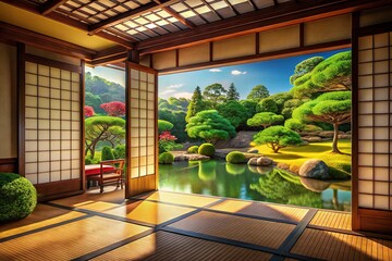 Fototapeta premium Serene Japanese Garden Room: Tatami Mats, Shoji Screens, Peaceful Zen Interior Design