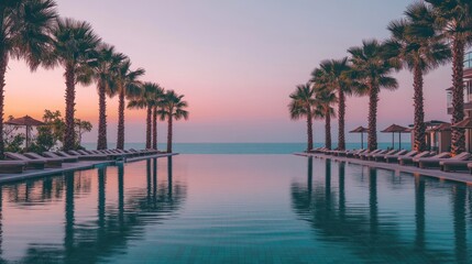 Fototapeta premium Sunset resort pool, palm trees, ocean view, relaxation