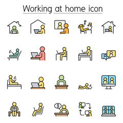 Working at home icons set in thin line style