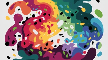 Fototapeta premium Colorful Abstract Illustration of Swirling Shapes in Red, Orange, Yellow, Green, Blue, and Purple with Small Black Shapes on a White Background