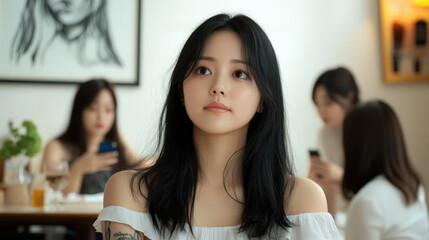 Obraz premium Young Korean Woman with Long Black Hair Sitting in a Bright Cafe Surrounded by Friends, Exuding a Calm and Thoughtful Expression, Perfect for Lifestyle and Friendship Themes