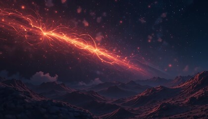 Fiery Cosmic Stream Over Alien Mountain Range