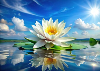 Stunning White Water Lily Bloom - Tranquil Pond, Worm's Eye View Photography