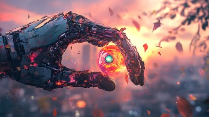 Futuristic Robotic Hand with Illuminated Eye Symbolizing Advanced Technology and Innovation in a Captivating and Intriguing Sci Fi Setting