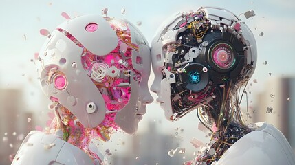 Intriguing Encounter Between Two Robots Engaged in a Thoughtful Standoff Capturing a Futuristic and Technological Atmosphere of Innovation