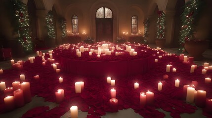 Romantic candlelit scene with red roses in a church.