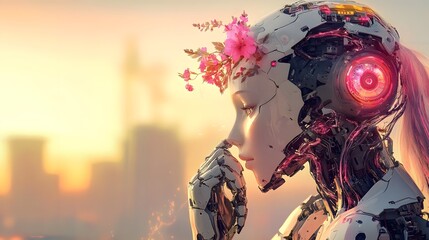 Whimsical Robot Adorned with Colorful Flower in Hair Surrounded by Lush Greenery Evoking a Playful and Imaginative Atmosphere of Nature and Technology