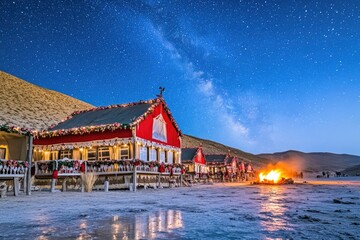 A vibrant red building under a starry sky with a campfire, showcasing a serene landscape.