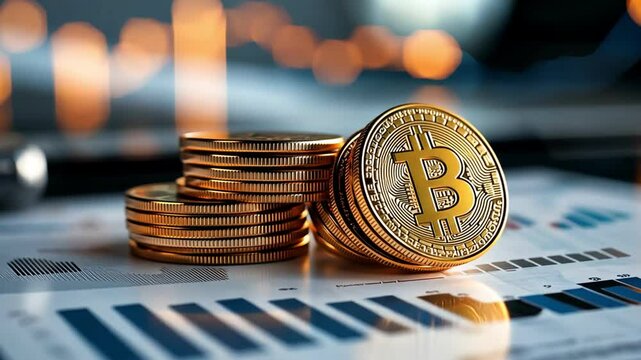 Close-up of Bitcoin coins stacked on a financial graph background.