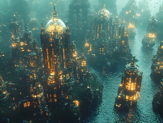 Glowing Underwater Futuristic Sci Fi City in Massive Transparent Dome Surrounded by Marine Life
