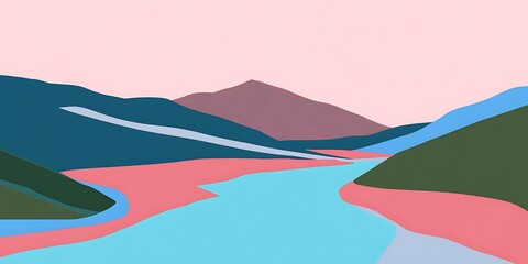 Pink sunset over river valley, mountainscape, tranquil scene, nature wallpaper.