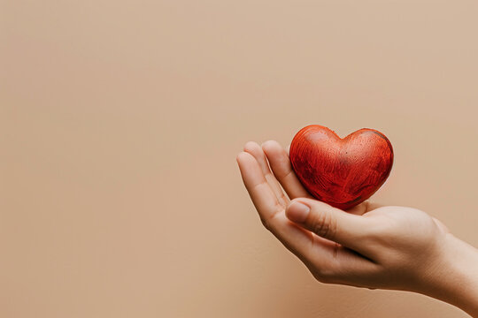 Mains tenant un cœur rouge brillant sur fond uni beige, symbole de don d’organe, d’amour ou de solidarité – avec espace négatif pour la Journée mondiale du don d’organes (17 octobre)