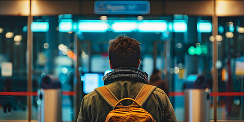 Traveler facing security checkpoint in a modern transit hub, Backpacker entering high-tech transportation terminal with automated gates