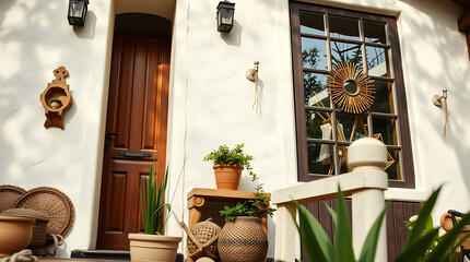 Fototapeta premium A white stucco house's entrance features a dark wood door, window with a woven wreath, potted plants, and decorative wall accents. Earthy tones and textures create a rustic, inviting feel.