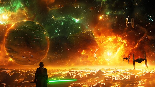 Jedi Knight Contemplates Cosmic Battle Above Fiery Planet