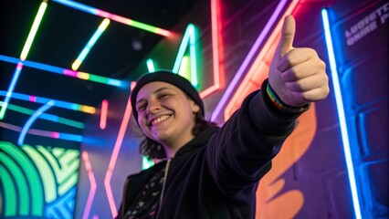 a man shows a bark on a neon background in a nightclub