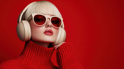 Stylish Blond Model with Bob Haircut Wearing Red Sweater and Headphones Posing Against Bold Red Background for Fashion and Lifestyle Photography