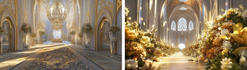 Elegant, sunlit interiors adorned with flowers, creating a serene and luxurious atmosphere.