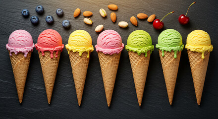 Delicious ice cream cones on a dark background, highlighting the vibrant colors and textures