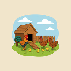 A cartoon illustration depicts a rooster, two hens, and their baby chicks near a wooden coop in a farmyard setting.
