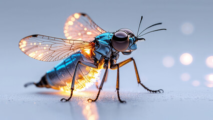 Fototapeta premium Futuristic metallic insect with glowing wings on white surface.