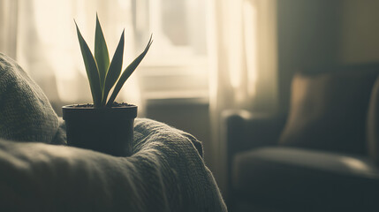 Calm therapist sitting in a serene therapy room with a soft-lit couch and a potted plant, symbolizing mental health support and emotional healing for depression.