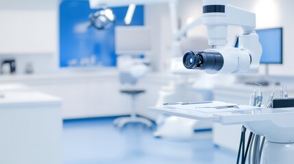 A modern dental or medical office featuring a microscope and clinical equipment.