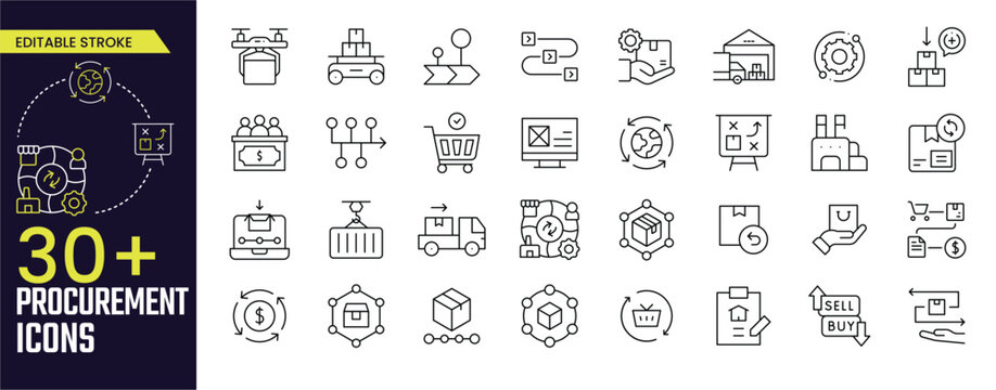 Procurement Stroke icon collections. Containing businessman, leader, discussion, hr, outline, human resource, Procurement, buyer and seller icons. Editable Stroke icon collection Outline icon