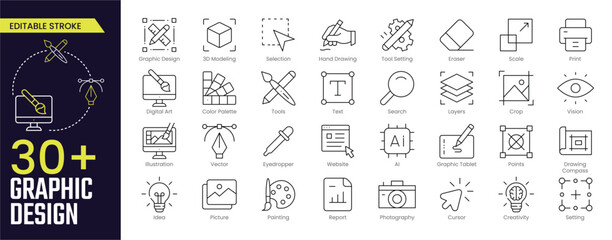 Graphic Design Stroke icon collections. Containing Graphic Design, 3D Modeling, Selection, Hand Drawing, Tool, Setting, Eraser, and more icons. Editable Stroke icon collection Outline icon