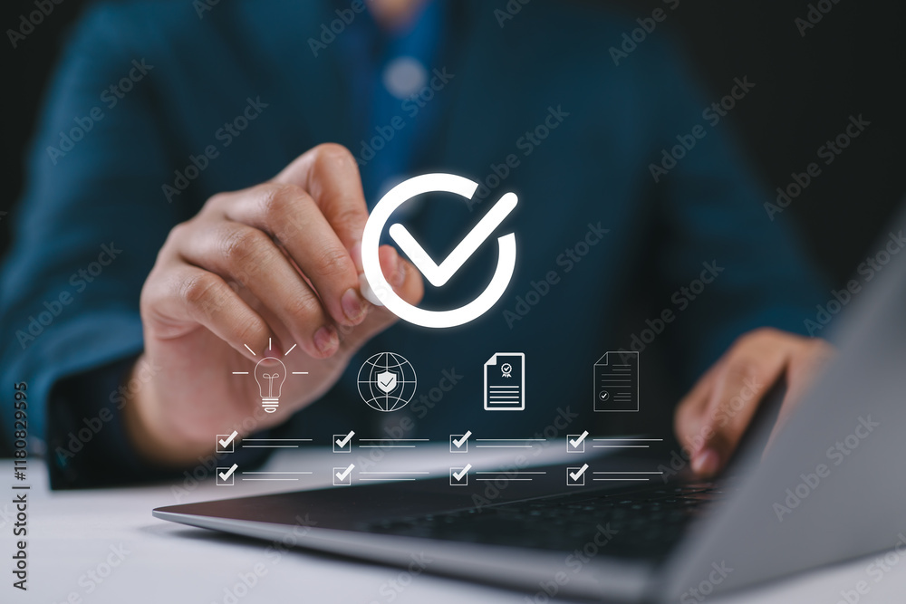 Poster quality control certification, check guarantee of standard of company product. concept on virtual sc