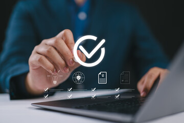 Quality control certification, check guarantee of standard of company product. Concept on virtual...