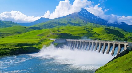 Fototapeta premium A scenic view of a dam with mountains and greenery under a blue sky.