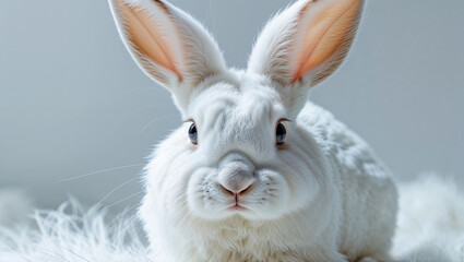 Obraz premium Close-up portrait of an adorable white rabbit sitting on a fluffy white surface, looking directly at the camera.