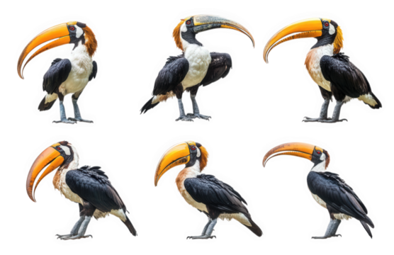 six colorful toucans. showcasing their distinctive large beaks and vibrant plumage against a white background the arrangement highlights their unique poses and characteristics. emphasizing their role