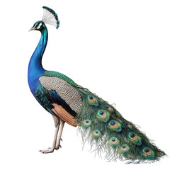 Obraz premium a vibrant peacock standing elegantly. displaying its striking blue and green plumage. particularly the colorful eye-like patterns on its long tail the background is plain. emphasizing the peacock's be