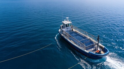 A fishing boat with a cage, used for aquaculture in open waters.