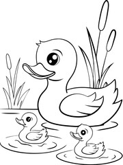 Adorable Ducklings Family Pondside Ready-to-print coloring page on standard 8.5x11 inch paper