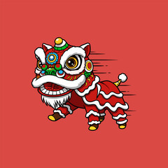 A stylized cartoon illustration depicts a red and gold lion dance costume in motion, suggesting a lively and energetic performance.