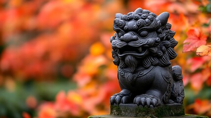 Stone Lion Guardian Amidst Autumnal Foliage