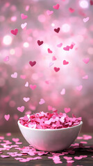 Colorful heart shaped confetti in white bowl, festive mood