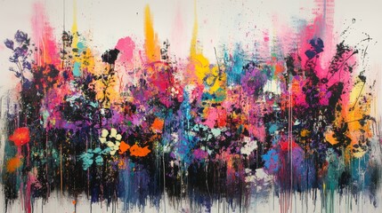 A radiant graffiti-inspired artwork with chaotic splashes of bold colors and glowing highlights