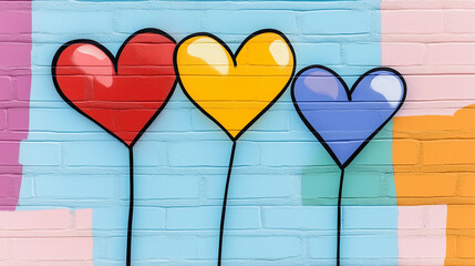 Colorful heart graffiti on a brick wall.  A cheerful and vibrant street art piece.