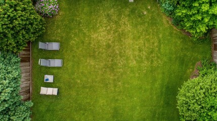 Aerial view of a lush green lawn with lounge chairs and surrounding trees.
