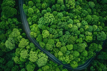Forest road aerial view showcases healthy ecosystem and car adventure.