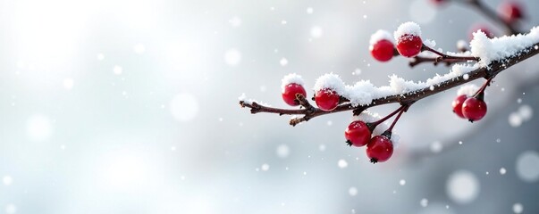 Snowflakes and berries adorn a wooden tree branch on a white background, tranquil, frosty