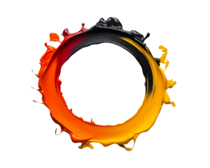 Vibrant circular paint splash with red, black, and yellow colors in dynamic motion on transparent background